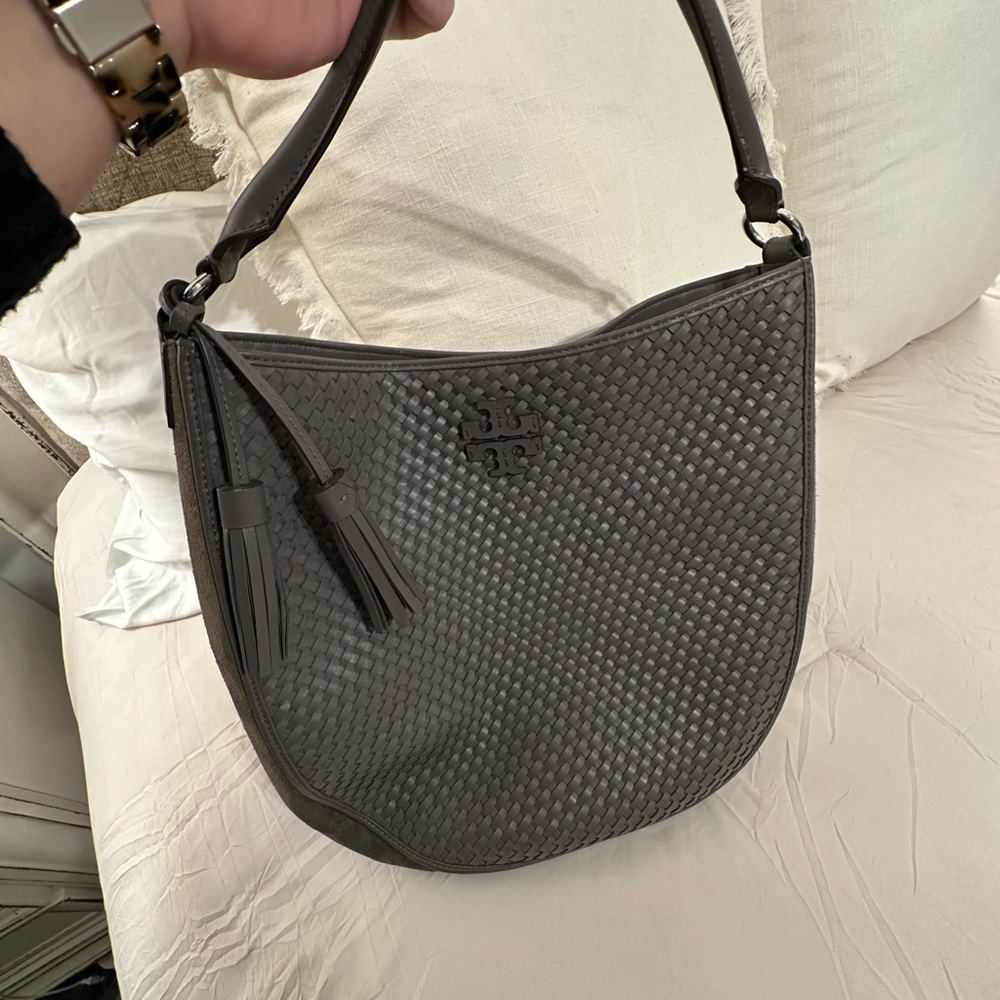 Tory Burch, gray woven leather shoulder bag